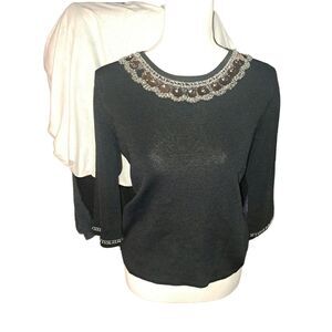 Gorgeous Joseph A Embellished Neckline and Sleeve Black 3/4 Sleeve Shirt Large